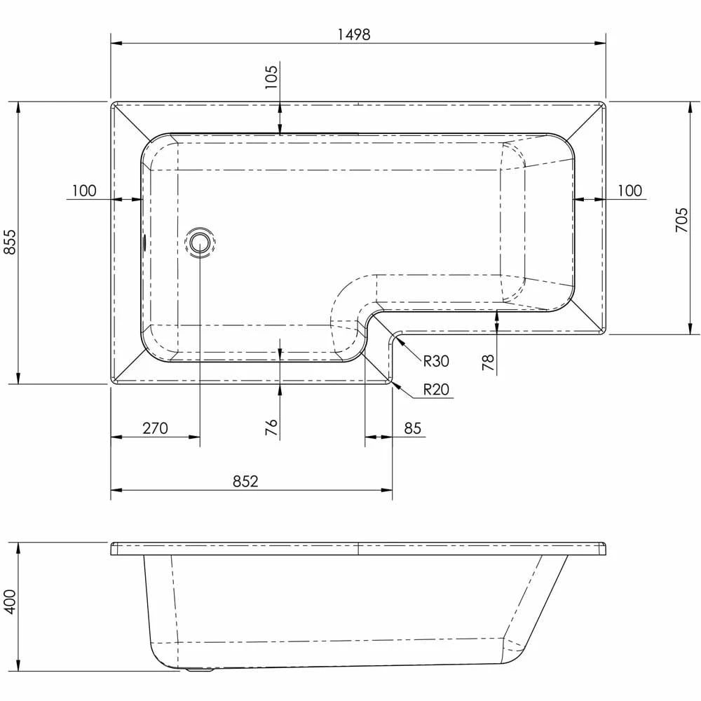 Nuie Square L Shape Single Ended Bath LH 1498x855x705 5 Nuie Square L Shape Single Ended Bath LH 1498x855x705 - Image 3