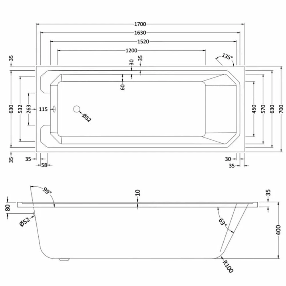 RAK Washington White Single Ended Bath & Legs 1700x700mm - RAKWTNBAT1770/WL 4 RAK Washington White Single Ended Bath & Legs 1700x700mm - RAKWTNBAT1770/WL - Image 2