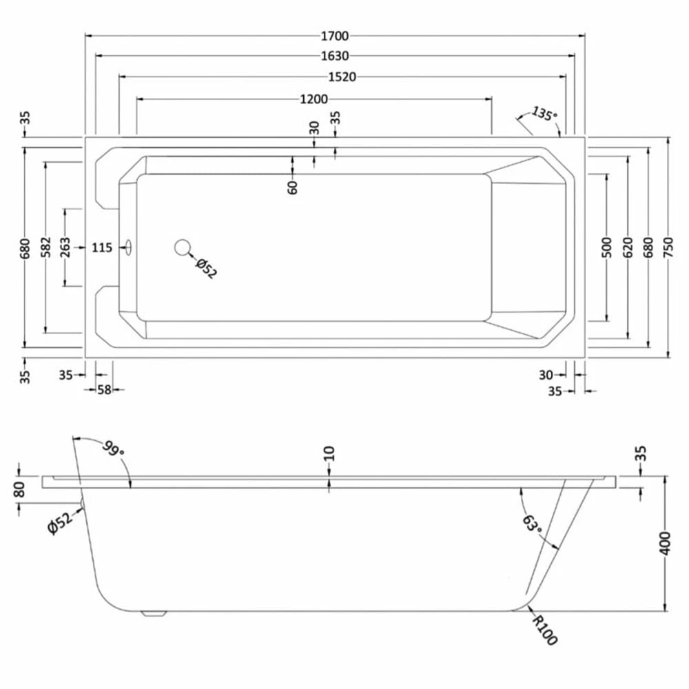 RAK Washington White Single Ended Bath & Legs 1700x750mm - RAKWTNBAT1775/WL 4 RAK Washington White Single Ended Bath & Legs 1700x750mm - RAKWTNBAT1775/WL - Image 2