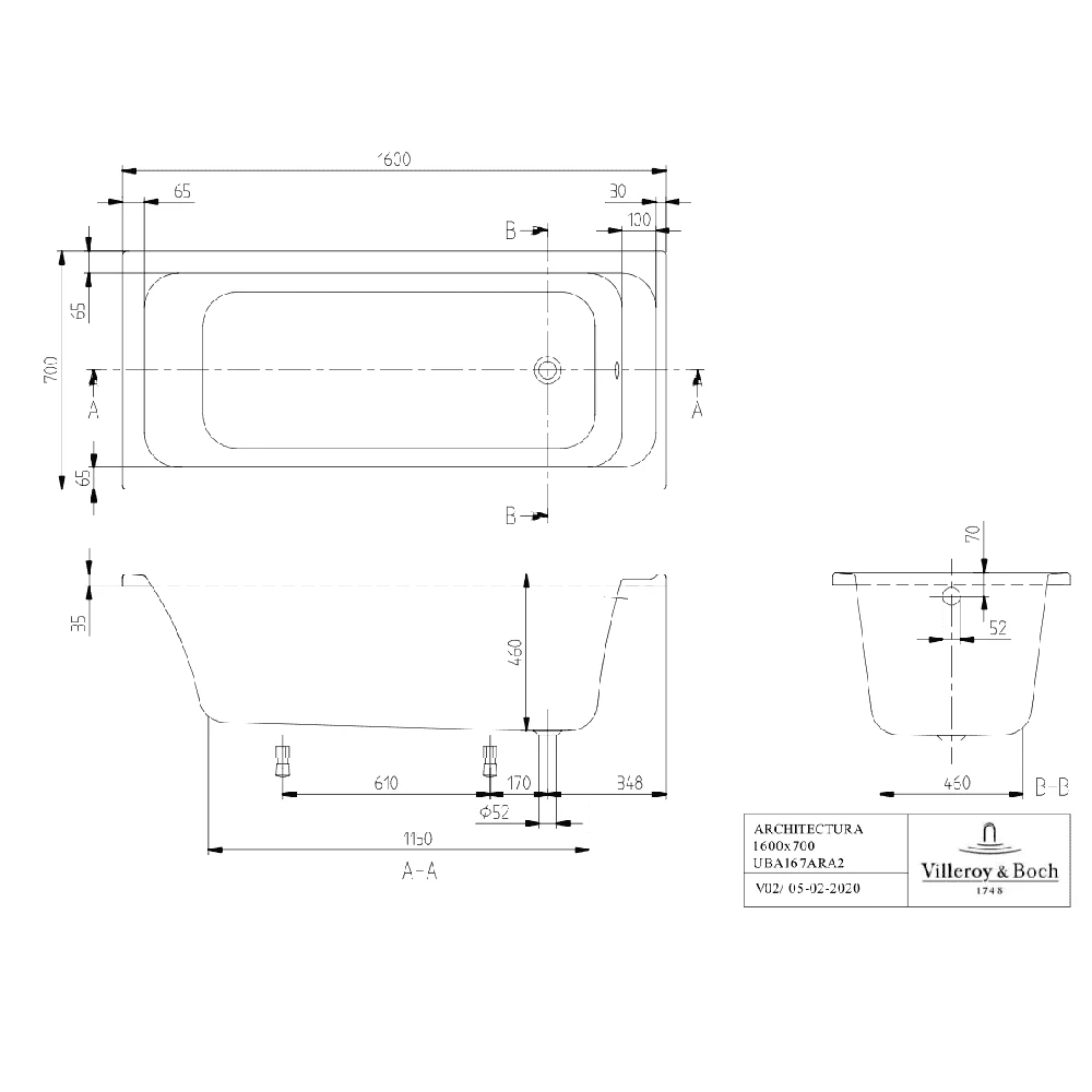 Villeroy & Boch Architectura Rectangular Bath Solo, Alpin, 1600x700 6 Villeroy & Boch Architectura Rectangular Bath Solo, Alpin, 1600x700 - Image 4