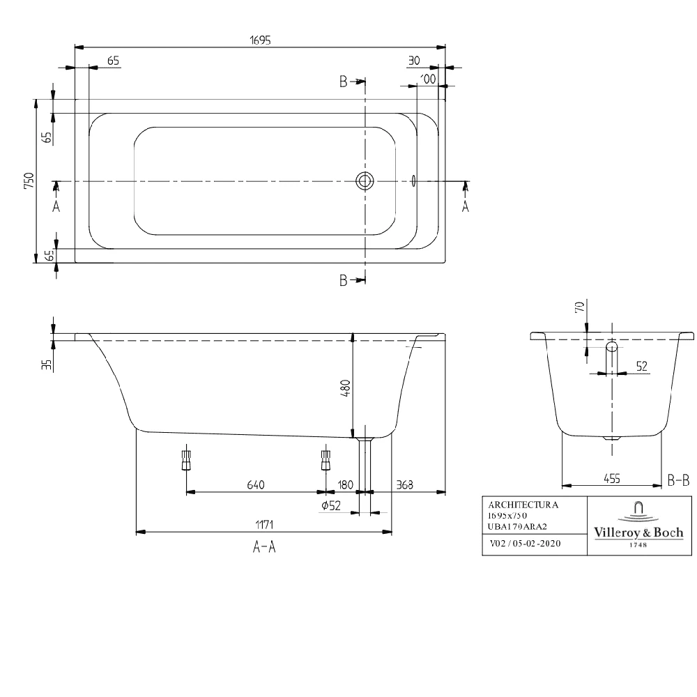 Villeroy & Boch Architectura Rectangular Bath Solo, Alpin,1700x750 6 Villeroy & Boch Architectura Rectangular Bath Solo, Alpin,1700x750 - Image 4